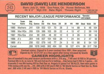 1990 Donruss #243 Dave Henderson Back