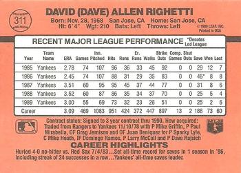1990 Donruss #311 Dave Righetti Back