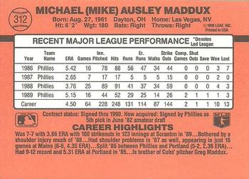 1990 Donruss #312 Mike Maddux Back