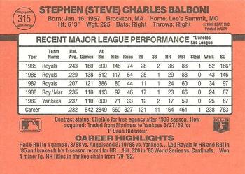 1990 Donruss #315 Steve Balboni Back