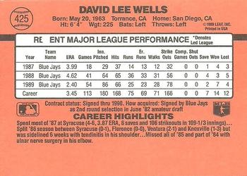 1990 Donruss #425 David Wells Back