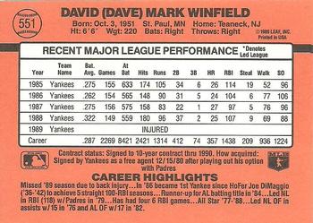 1990 Donruss #551 Dave Winfield Back