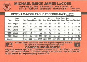 1990 Donruss #652 Mike LaCoss Back