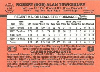 1990 Donruss #714 Bob Tewksbury Back