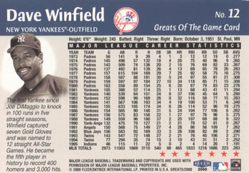 2000 Fleer Greats of the Game #12 Dave Winfield Back