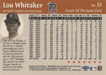 2000 Fleer Greats of the Game #13 Lou Whitaker Back