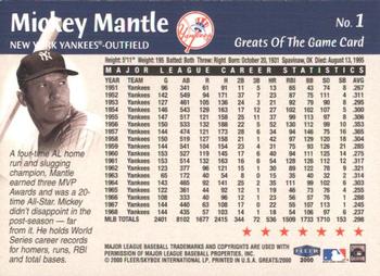 2000 Fleer Greats of the Game #1 Mickey Mantle Back