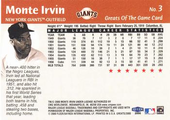 2000 Fleer Greats of the Game #3 Monte Irvin Back