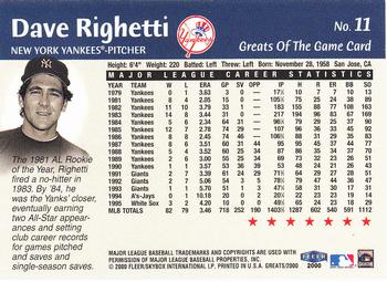 2000 Fleer Greats of the Game #11 Dave Righetti Back