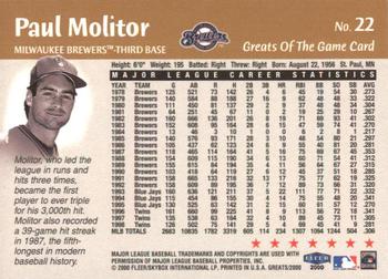 2000 Fleer Greats of the Game #22 Paul Molitor Back