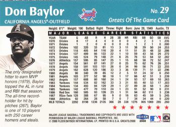 2000 Fleer Greats of the Game #29 Don Baylor Back