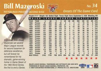 2000 Fleer Greats of the Game #34 Bill Mazeroski Back