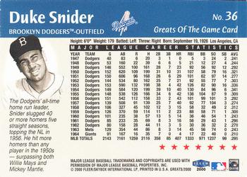 2000 Fleer Greats of the Game #36 Duke Snider Back
