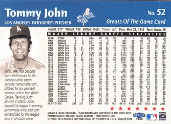 2000 Fleer Greats of the Game #52 Tommy John Back