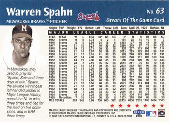 2000 Fleer Greats of the Game #63 Warren Spahn Back