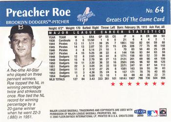 2000 Fleer Greats of the Game #64 Preacher Roe Back