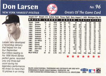 2000 Fleer Greats of the Game #96 Don Larsen Back