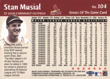 2000 Fleer Greats of the Game #104 Stan Musial Back