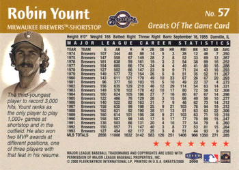 2000 Fleer Greats of the Game #57 Robin Yount Back