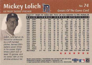 2000 Fleer Greats of the Game #74 Mickey Lolich Back