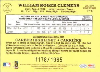 2002 Leaf - Rookie Reprints #1 Roger Clemens Back