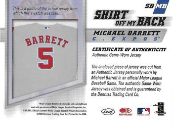 2002 Leaf - Shirt Off My Back #SBMB Michael Barrett  Back