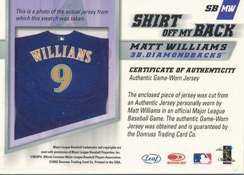 2002 Leaf - Shirt Off My Back #SBMW Matt Williams  Back