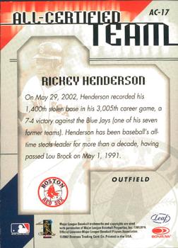 2002 Leaf Certified - All-Certified Team #AC-17 Rickey Henderson  Back