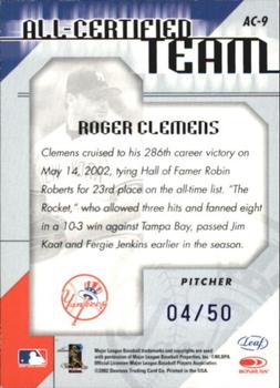 2002 Leaf Certified - All-Certified Team Blue #AC-9 Roger Clemens  Back