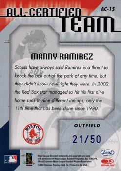 2002 Leaf Certified - All-Certified Team Blue #AC-15 Manny Ramirez  Back