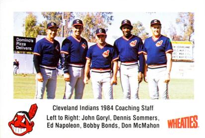 1984 Wheaties Cleveland Indians #NNO John Goryl / Dennis Sommers / Ed Napoleon / Bobby Bonds / Don McMahon Front