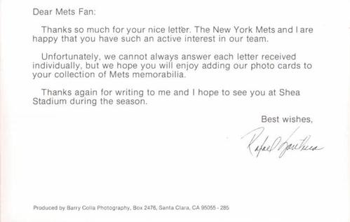 1985 Barry Colla New York Mets Photocards #285 Rafael Santana Back