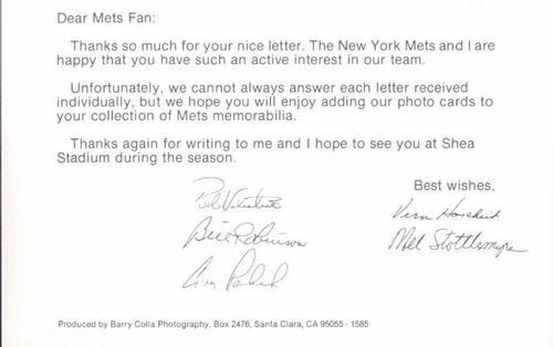 1985 Barry Colla New York Mets Photocards #1585 Bill Robinson / Mel Stottlemyre / Bobby Valentine / Vern Hoscheit / Greg Pavlick Back