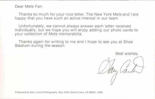 1985 Barry Colla New York Mets Photocards #2385 Gary Carter Back