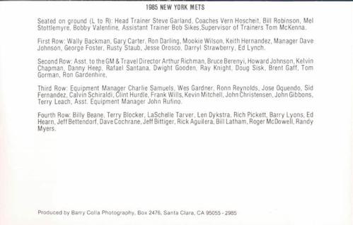 1985 Barry Colla New York Mets Photocards #2985 Team Photo Back