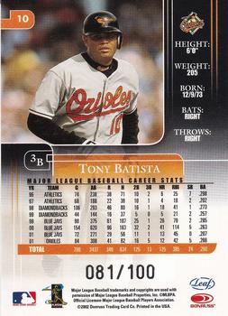 2002 Leaf Rookies & Stars - Longevity #10 Tony Batista  Back