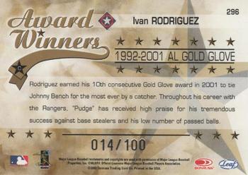 2002 Leaf Rookies & Stars - Longevity #296 Ivan Rodriguez Back