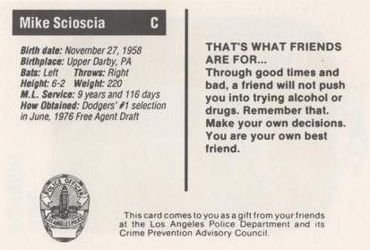 1991 Los Angeles Dodgers Police #NNO Mike Scioscia Back