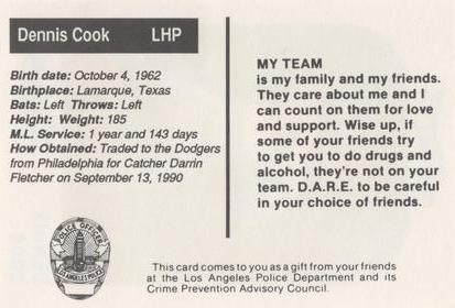 1991 Los Angeles Dodgers Police #NNO Dennis Cook Back