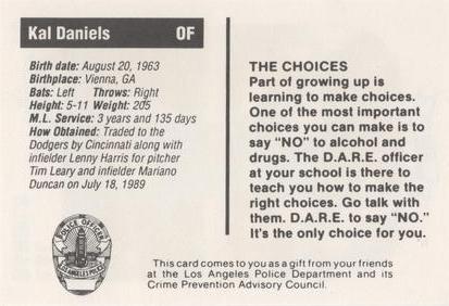 1991 Los Angeles Dodgers Police #NNO Kal Daniels Back