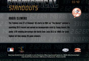 2002 Leaf Rookies & Stars - Statistical Standouts #SS-40 Roger Clemens  Back