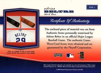 2002 Playoff Piece of the Game - Materials #POG-2 Adrian Beltre Back