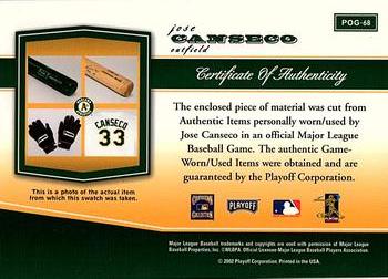 2002 Playoff Piece of the Game - Materials #POG-68 Jose Canseco Back