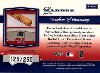 2002 Playoff Piece of the Game - Materials #POG-97 Greg Maddux Back
