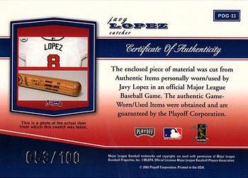 2002 Playoff Piece of the Game - Materials Silver #POG-33 Javy Lopez Back