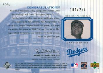 2000 Upper Deck Brooklyn Dodgers Master Collection - Legends of Flatbush #LOF5 Roy Campanella Back