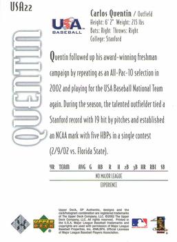 2002 SP Authentic - USA Future Watch #USA22 Carlos Quentin  Back