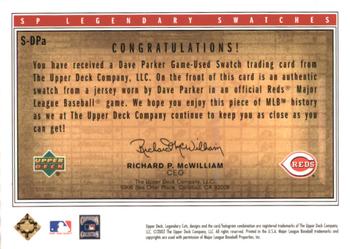 2002 SP Legendary Cuts - Game Swatches #S-DPa Dave Parker  Back