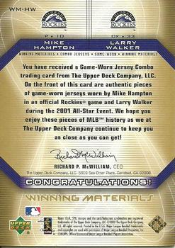 2002 SPx - Winning Materials 2-Player Jersey Combos #WM-HW Mike Hampton / Larry Walker Back