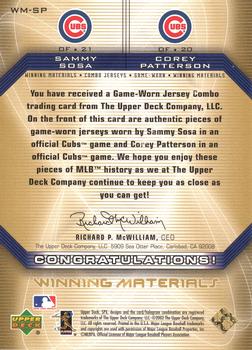 2002 SPx - Winning Materials 2-Player Jersey Combos #WM-SP Sammy Sosa / Corey Patterson Back